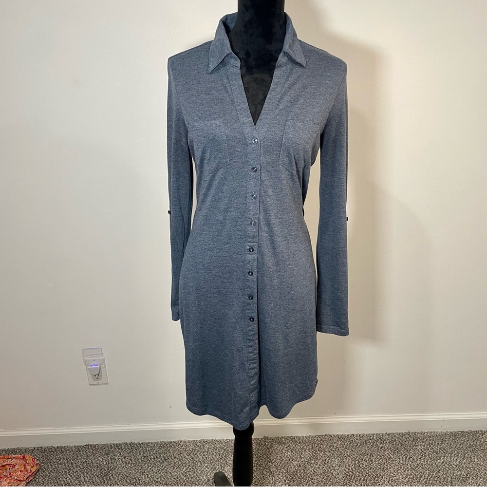 Chambray Long Sleeve Notched Collar Shirt Dress